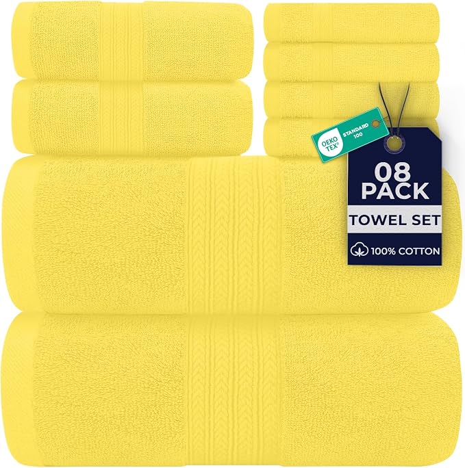 DAN River 8 Piece Luxury Bath Towels for Bathroom, Towel Set, Yellow | 2 Bath towels, 2 Hand towels, and 4 Wash Cloths, 600 GSM 100% Ring Spun Cotton, Highly Absorbent, Gym, Hotel, guest, and Spa