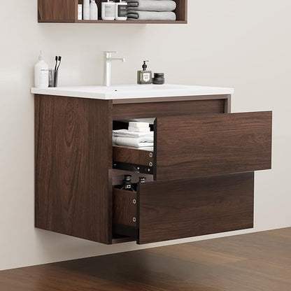 24 Inch Floating Bathroom Vanity Cabinet Only, Wall Mounted Wood Cabinet with 2 Divided Storage Drawers, Space-Saving Design for Small Bathroom, Rich Walnut Lacquer Finish, Easy Assembly