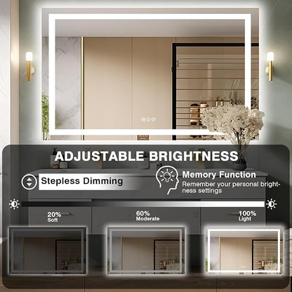 EchosLife 57"x36" Light Mirror for Bathroom | Backlit + Front Lit, Anti-Fog, Stepless Dimmable, 3 Colors, Memory, Tempered Glass, UL Listed, Horizontal/Vertical