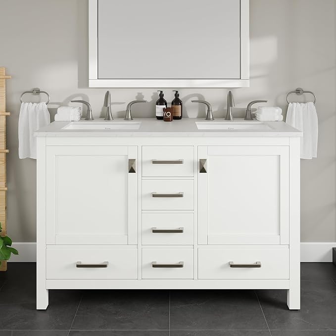 Aberdeen 48 in. White Double Sink Bath Vanity with Carrara Quartz Top and Undermount Porcelain Sinks