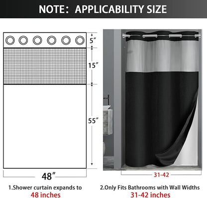 No Hook Shower Curtain and Liner Set,Black Hotel Waffle Shower Curtain with Liner 75" L x 48" W