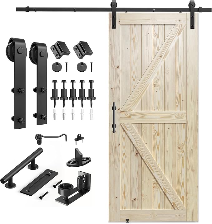 SMARTSTANDARD 38in x 84in Sliding Barn Door with 6.6ft Barn Door Hardware Kit Included, Unfinished Solid Spruce Wood Door, Assembly Required, DIY, Stainable, Natural | Unfinished Solid Spruce Wood Door, Assembly Required, DIY, Stainable, Natural