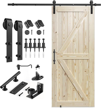 SMARTSTANDARD 36in x 80in Sliding Barn Door with 6.6ft Barn Door Hardware Kit Included, Unfinished Solid Spruce Wood Door, Assembly Required, DIY, Stainable, Natural | Unfinished Solid Spruce Wood Door, Assembly Required, DIY, Stainable, Natural