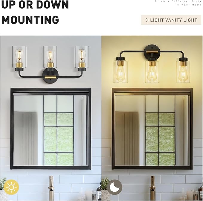 zeyu 3-Light Farmhouse Vanity Lights for Bathroom, 21 Inch Industrial Bath Wall Light Fixtures with Clear Glass Shade, Black and Gold Finish, ZS62B-3W BK+BG