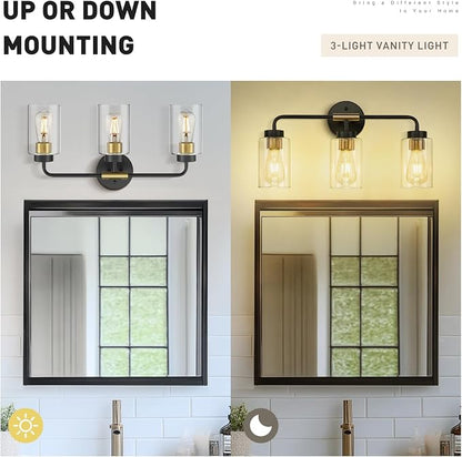 zeyu 3-Light Farmhouse Vanity Lights for Bathroom, 21 Inch Industrial Bath Wall Light Fixtures with Clear Glass Shade, Black and Gold Finish, ZS62B-3W BK+BG