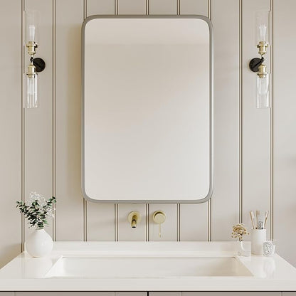 Bathroom Wood Black Cabinet with 20''x30'' Brushed Nickel Metal Frame Curved Mirror, Recessed Medicine Cabinet, Bathroom Storage Cabinet