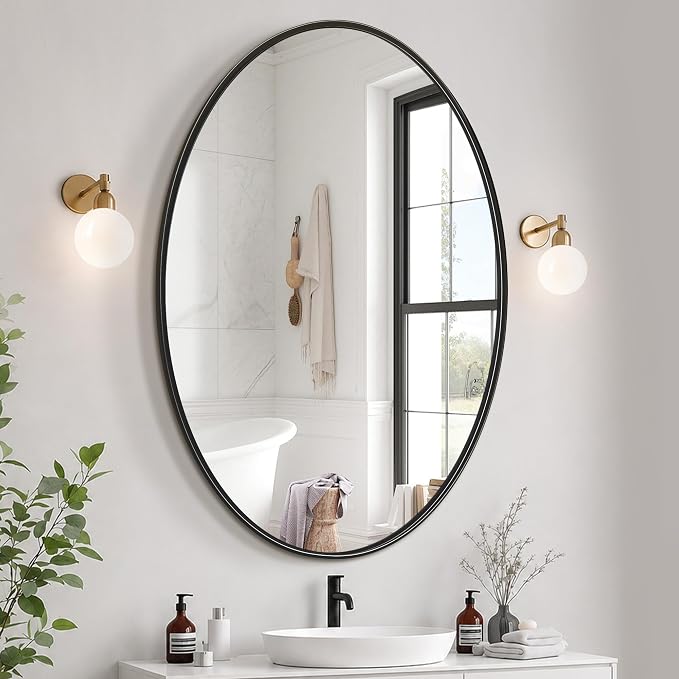38x26 Black Oval Bathroom Mirror for Over Sink, Aluminum Frame | HD Reflection No Distortion, Aluminum Frame, Mounting Hardware for Vertical or Horizontal Mount