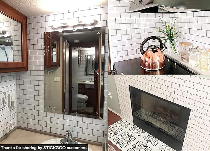 STICKGOO Subway Tile Peel and Stick Backsplash, Thicker Design 12" x 12" Stick on Backsplash Tiles for Kitchen, Bathroom, Wall Tile (5 Sheets, Warm White with Grey Grout)
