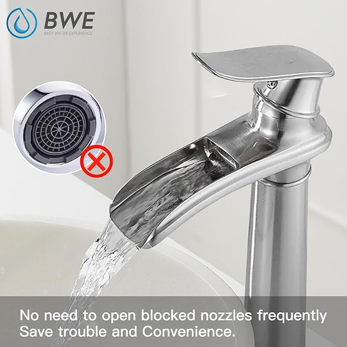 BWE Vessel Sink Faucet Brushed Nickel Tall Waterfall Bathroom Faucet Deck Mount Single Handle One Hole Lavatory Vanity Faucet with Pop Up Drain Assembly and Supply Hose