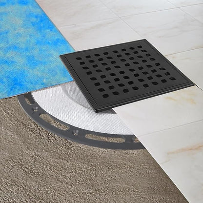 6-Inch Square Shower Drain Kit with Bonding Flange, Matte Black | Removable 304 stainless steel grate with hair strainer; fits 2- and 3-inch pipes for tiled shower floors and wet areas
