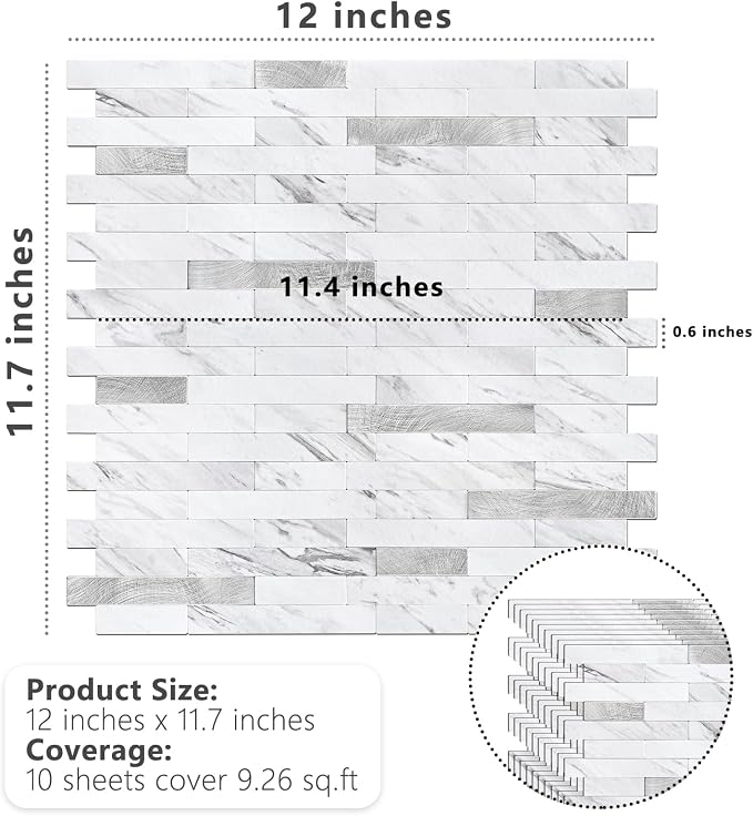 STICKGOO Peel and Stick Backsplash Tile, Stick on Backsplash for Kitchen and Bathroom, Volakas White Look PVC Mixed Metal Silver Self Adhesive Wall Tiles(Sample)