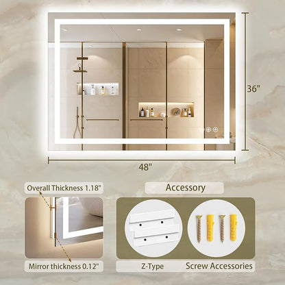 36"x48" LED Bathroom Mirror with Lights, Anti-Fog, Backlit+Frontlit | CRI 95, Stepless Dimmable, 3 Colors Lighting, Shatterproof Tempered Glass, HD Reflection, Memory, (Horizontal/Vertical)