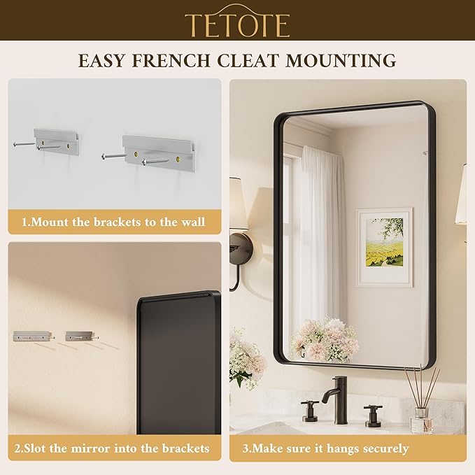 TETOTE 16 x 24 Inch Black Frame Mirror, Bathroom Vanity Mirror for Wall, Modern Round Corner Rectangle Matte Framed Mirror 2 Inch Thick(Horizontal/Vertical)