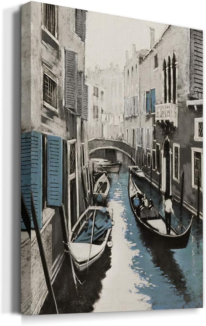 Renditions Gallery Canvas Historical Wall Art Modern Paintings & Prints Decorations Vintage Venice Boat Black & White Wall Hanging Artwork for Bedroom Living Room Office Kitchen - 32"x48" LT02