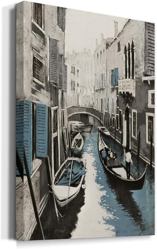 Renditions Gallery Canvas Historical Wall Art Modern Paintings & Prints Decorations Vintage Venice Boat Black & White Wall Hanging Artwork for Bedroom Living Room Office Kitchen - 12"x18" LT02