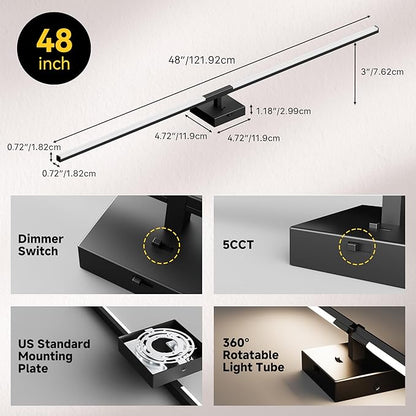 Vanity Lights 48 inch, 4-Level Brightness Built-in Dimmer, 28W Dimmable 5CCT Bathroom Light Fixtures Over Mirror, Black Vanity Lights for Bathroom Mirror Cabinets Bedroom-FCC ETL Certified