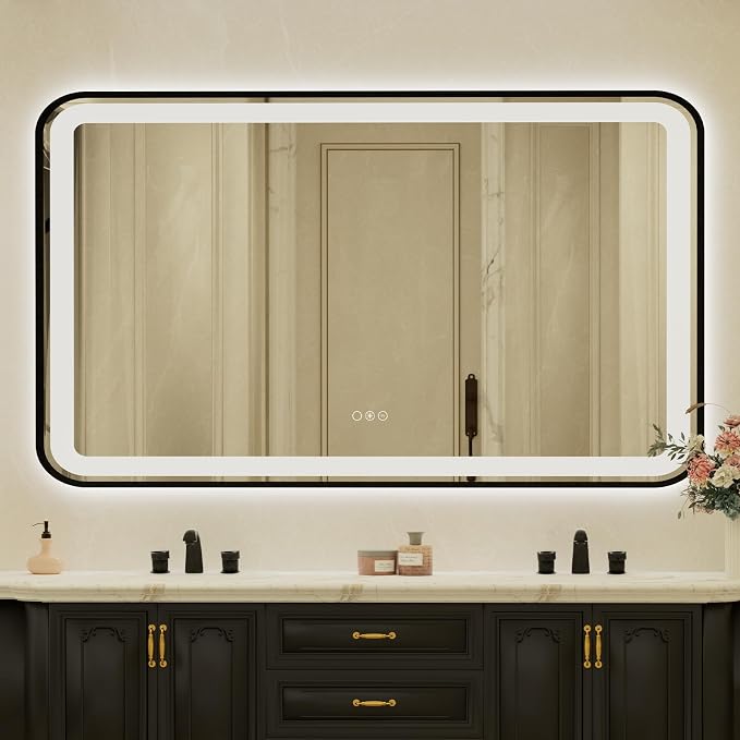 32x55 Inch LED Bathroom Mirror with Black Frame,Front and Backlit Vanity Mirror,Tempered Glass,Stepless Dimmable Wall Mirrors with Anti-Fog, 3 Colors, Memory, Waterproof, LED Smart Bathroom Mirror
