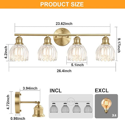 Bathroom Light Fixtures, 4-Light Brushed Gold Vanity Lights for Bathroom with Clear Tulip Glass Shade, 26" Vintage Bathroom Vanity Lighting Fixtures Over Mirror for Bedroom Living Room Hallway