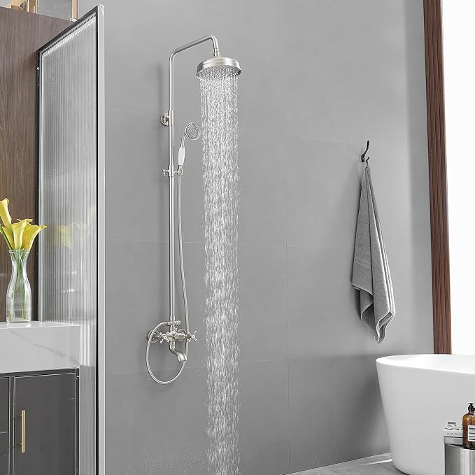 Exposed Shower System,Outdoor Shower Kit,Brushed Nickel | 8 Inch Rain Shower Head Sprayers,Handheld Shower Head & Tub Spout,Solid Brass,Dual Handle,High Pressure,Wall Mounted