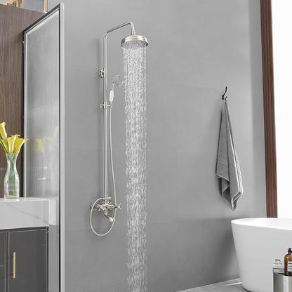 Exposed Shower System,Outdoor Shower Kit,Brushed Nickel | 8 Inch Rain Shower Head Sprayers,Handheld Shower Head & Tub Spout,Solid Brass,Dual Handle,High Pressure,Wall Mounted
