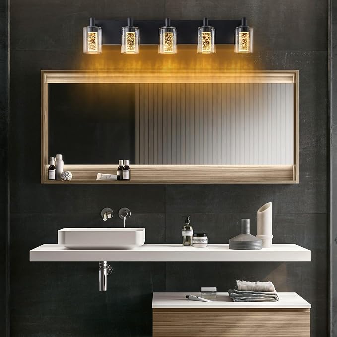 SineRise Vanity Light with 3 Color Modes (3000K/4000K/6000K), Eye Protection LED Bathroom Light Fixture, Dimmable Modern Wall Light Over Mirror with Clear Glass Shade (Black, 5-Light)