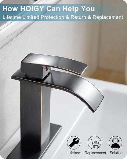 Waterfall Bathroom Faucet Oil Rubbed Bronze, Brass 4 Ins Bathroom Faucets One Hole or 3 Hole, Single Handle with Deck Plate, Pop-up Drain & Water Hose