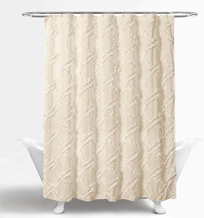 Lush Decor, Ivory/Pale Yellow Ruffle Diamond Shower Curtain | Textured Shabby Chic Farmhouse Style Design, x 72, 72" x 72"