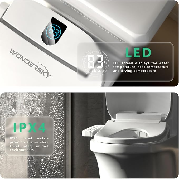 Smart Electric Heated Bidet Toilet Seat, Warm Water & Air Dryer, Round | Multi Wash Modes, Self-Cleaning Nozzle, Soft Close Lid, Side Panel Control, Night Light, LED Display, Adjustable Temperature