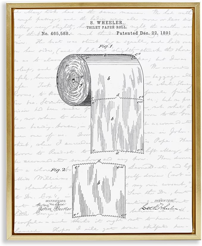 Vintage Patent Bathroom, 16 x 20 Inch Canvas in Floater Frame | Stupell Industries · By Lettered and Lined · Ready to hang · Great for bath and laundry decor · Made in USA