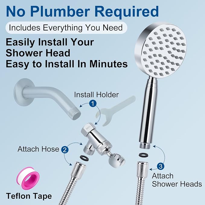 All Metal Shower Head with Handheld; Flexible Long Hose High Pressure Spray | 1 Setting Stainless Steel Shower-Head, Solid Hand Held Showerhead Sprayer Holder with Wide-Angle Adjustment, Premium Chrome