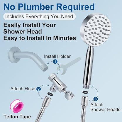 All Metal Shower Head with Handheld; Flexible Long Hose High Pressure Spray | 1 Setting Stainless Steel Shower-Head, Solid Hand Held Showerhead Sprayer Holder with Wide-Angle Adjustment, Premium Chrome