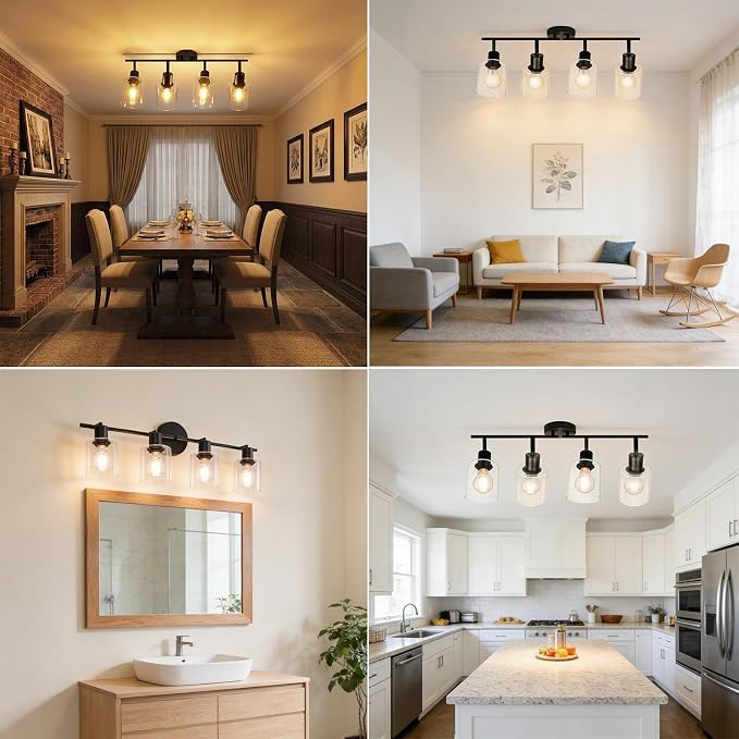 HiBay 4-Light Black Track Lighting Fixture Rotatable Ceiling Wall Spotlight | Adjustable 4 Heads with Glass Shades, Modern Farmhouse Industrial, for Kitchen, Dining Room, Bathroom, E26 Base