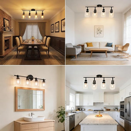 HiBay 4-Light Black Track Lighting Fixture Rotatable Ceiling Wall Spotlight | Adjustable 4 Heads with Glass Shades, Modern Farmhouse Industrial, for Kitchen, Dining Room, Bathroom, E26 Base