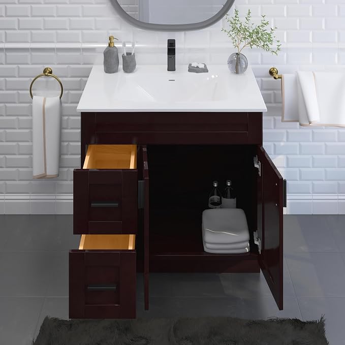 36" Espresso Shaker Bathroom Vanity Base – Ready-to-Assemble Sink Cabinet with Drawers, Freestanding Bathroom Vanity Base Only, No Top or Sink