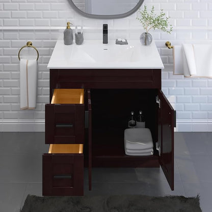 36" Espresso Shaker Bathroom Vanity Base – Ready-to-Assemble Sink Cabinet with Drawers, Freestanding Bathroom Vanity Base Only, No Top or Sink