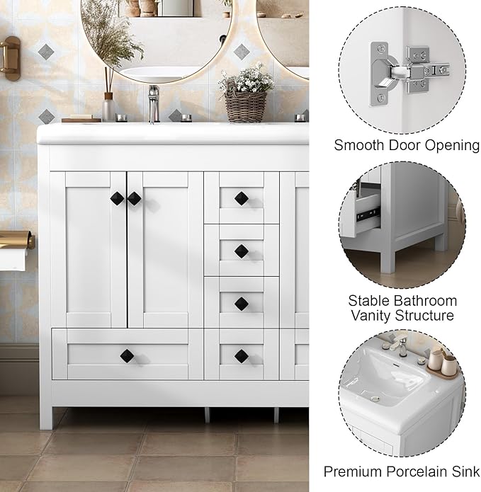 46.7 inch Bathroom Sink Vanity Combo, Large Freestanding Double Bath Vanity Sink Set with 2 Cabinets & 6 Drawers, Dual Basin Modern Bathroom Storage Cabinet, Modern White