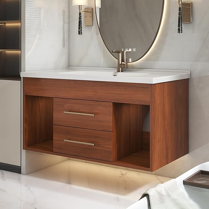 36" Floating Bathroom Vanity with Single Sink, Modern Wall Mounted Bathroom Vanities with Ceramic Basin, Wood Bathroom Vanity Cabinet with 2 Drawers and 2 Open Cabinets, Walnut