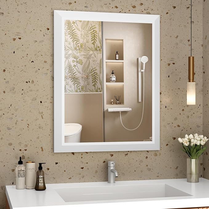 SMIROR 24x32 Matte White Bathroom Vanity Mirror for Over Sink | Metal Wide Frame, Rectangle, Right- Angle Corner, Anti-Rust, Horizontally or Vertically Wall- Mounted for Home Remodel