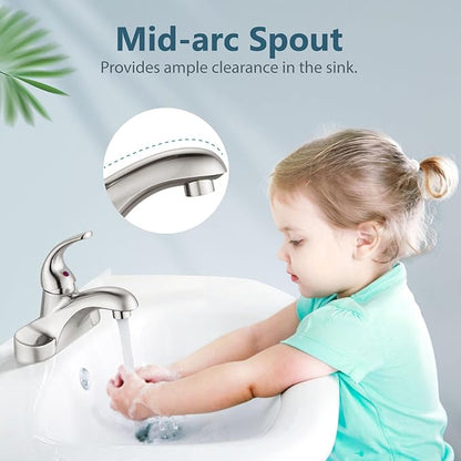 Aolemi Bathroom Faucets Arc 4 Inch Centerset Bathroom Sink Faucet Single Handle Vanity Faucet with Supply Lines,with Pop Up Drain Assembly,Brushed Nickel
