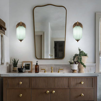 Vintage Gold Milk Glass Wall Sconce, Wall Light Set of Two - Vintage Green Shade & Brass Finish Base, Indoor Hardwired Wall Lighting Fixture for Foyers, Bedroom, etc (Bulbs Included)- Green