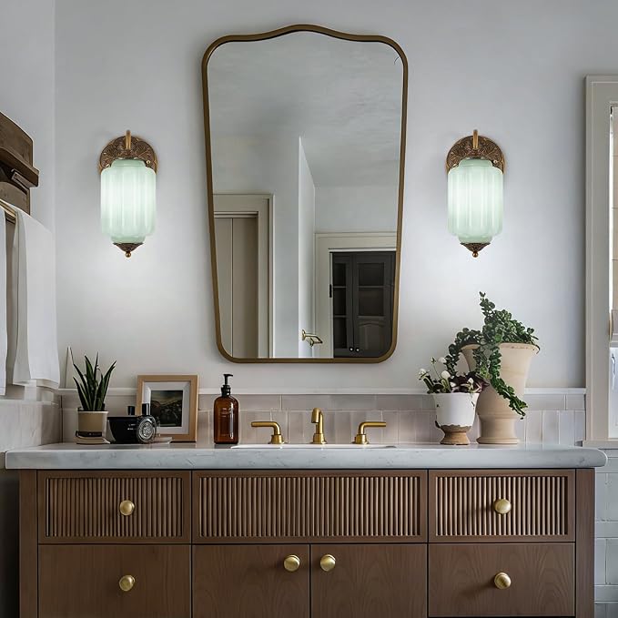 Vintage Gold Milk Glass Wall Sconce - Vintage Green Shade & Brass Finish Base - Indoor Hardwired Wall Lighting Fixture for Living Room, Bedroom, Hallway, Entryway (Bulbs Included)- Green