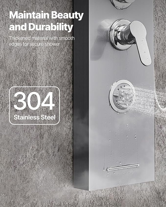 VEVOR Shower Panel Tower System with Rainfall Waterfall Shower Head, 53 in Brushed Stainless Steel Shower Column, 5-Function Faucet, Wall-Mount Rain Massage System with 3 Body Jet, Handheld, Tub Spout
