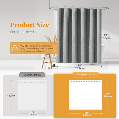 BTTN 84 Inch Wide Shower Curtain - W84xH72 Linen Textured Heavy Duty Fabric Shower Curtain Set with 14 Plastic Hooks, Large Hotel Spa Simple Waterproof Polyester Bath Curtains for Bathroom - Gray/Grey