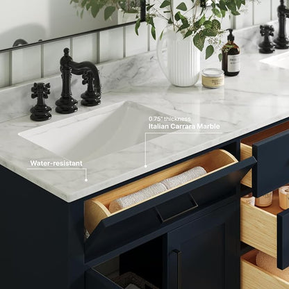 ARIEL Hepburn 72-inch Bathroom Vanity with Sink,Solid Wood, 0.75-inch Italian Carrara Marble Countertop, Double Rectangular Porcelain Sink, 4 Soft Closing Doors, 6 Dovetail Drawers, Midnight Blue
