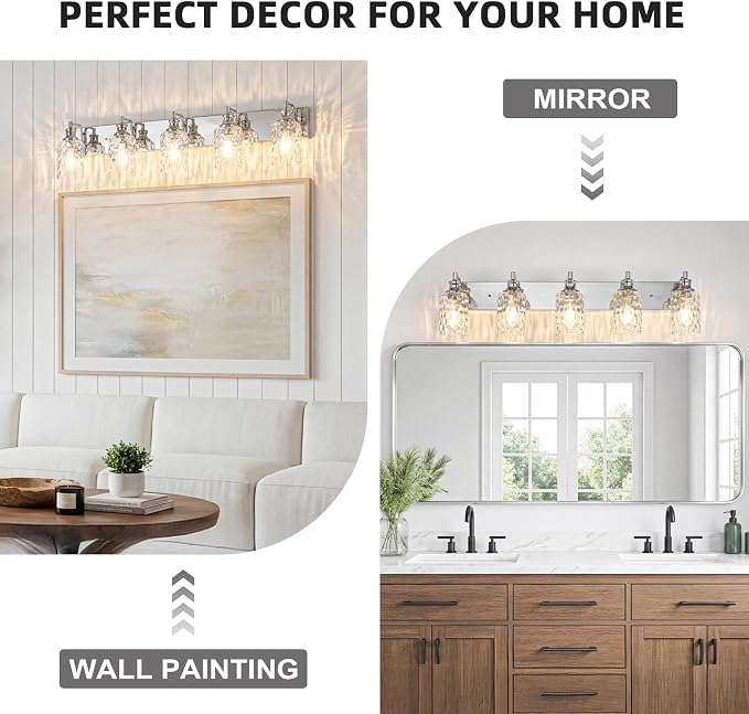Bathroom Light Fixtures Over Mirror, 2 Lights Vanity Lights with Hammered Glass Shade, 37" Chrome Farmhouse Bathroom Light Fixtures for Bedroom, Porch, Hotel, Mirror Cabinet