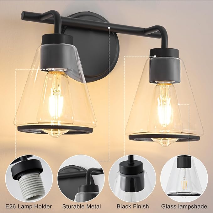 Black Bathroom Vanity Light 2 Lights Bathroom Light Fixtures Over Mirror | Vanity Lighting Fixtures with Clear Glass Shade, 14 inch Modern Vanity Lights for Bathroom, Wall Sconce Lights for Bedroom