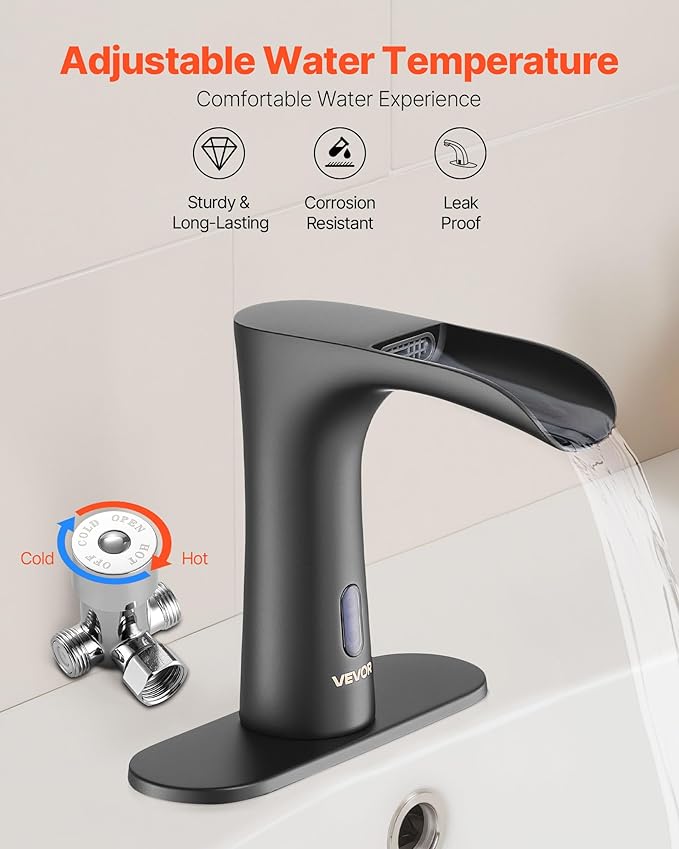 VEVOR Touchless Bathroom Sink Faucet, Automatic Motion Sensor Waterfall Restroom Toilet Faucet with Hole Cover Plate, Modern Electronic Sensor Hot/Cold Water for 9/16 in Pipe Commercial,Matte Black
