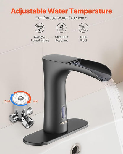 VEVOR Touchless Bathroom Sink Faucet, Automatic Motion Sensor Waterfall Restroom Toilet Faucet with Hole Cover Plate, Modern Electronic Sensor Hot/Cold Water for 9/16 in Pipe Commercial,Matte Black