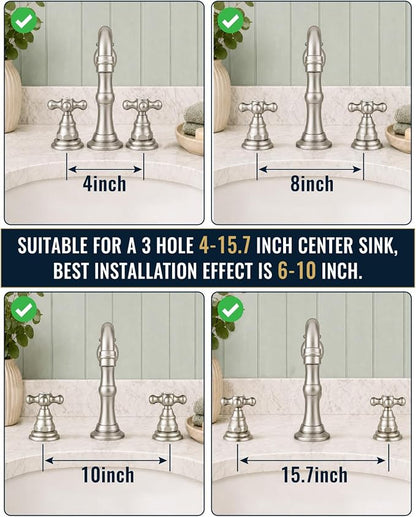gotonovo Bathroom Faucet 3 Hole Vintage, Brushed Nickel, Script Font Label | Widespread Bathroom Sink Faucet 8 Inch 2 Cross Handles,Pop Up Drain,cUPC Supply Line,4-15.7” Install,for Vanity Farmhouse RV