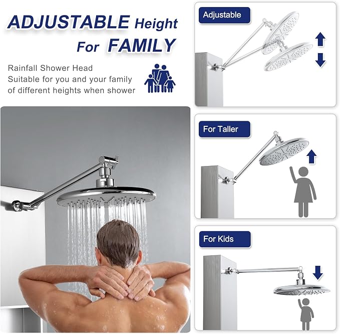 ROVATE Shower Panel Tower System with Shelf & 6 Body Jets, Brushed Finish | Stainless Steel Shower Column with Height Adjustable Shower Arm, Self-Cleaning Rainfall Showerhead & Handheld